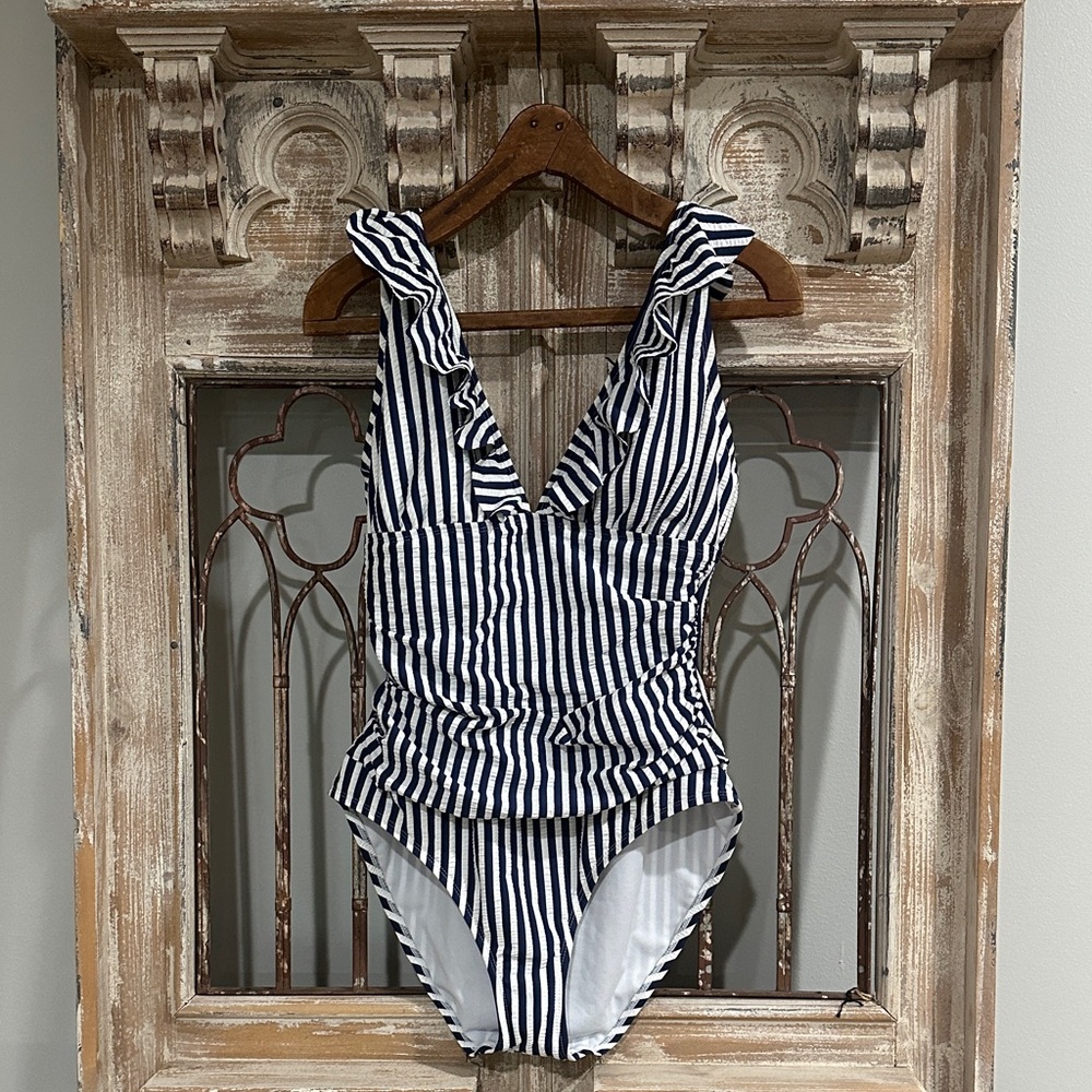 Ellen Tracy Blue Stripe Ruffle Swimsuit